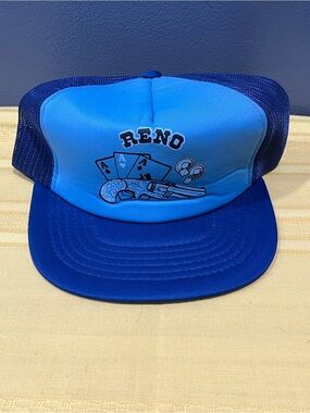 Vtg 80s Reno Nevada Trucker Hat - Blue Aces & Gun - Souvenir Cap ♦️♣️♥️♠️